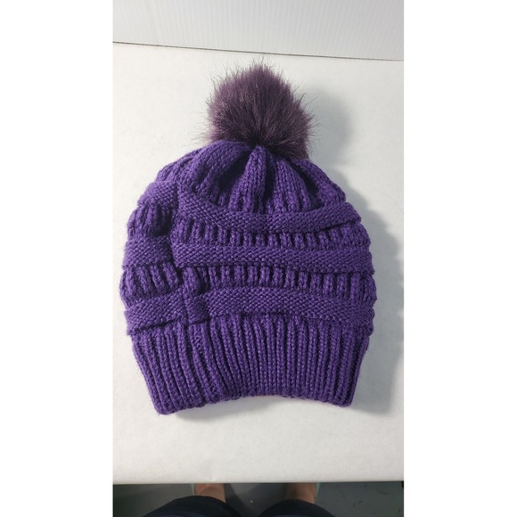 URATOT Purple Knit Beanie Hat Winter Warm Knit Cuffed Pom Pom Cap - Picture 5 of 5